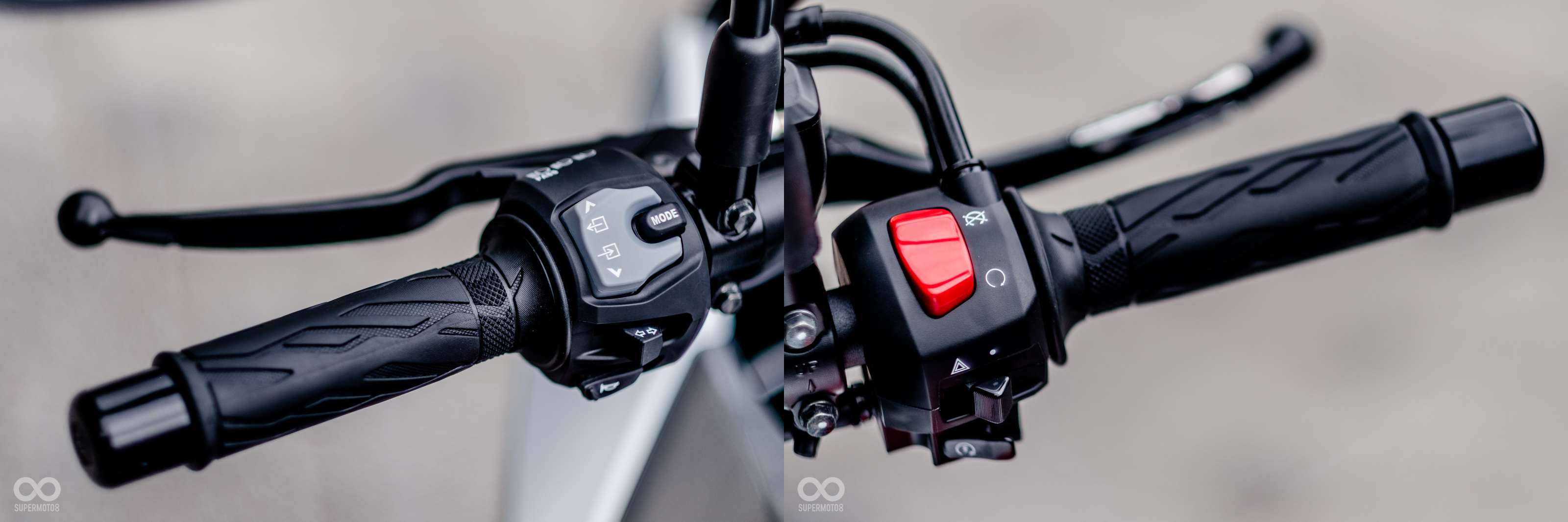 左手握把有喇叭、方向燈、遠燈/超車燈以及Mode控制按鈕;右手握把有電門、故障警示燈和引擎開關。