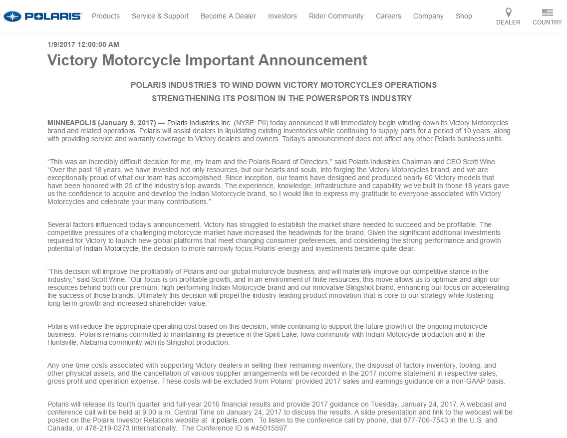 母公司Polaris所發出的聲明稿