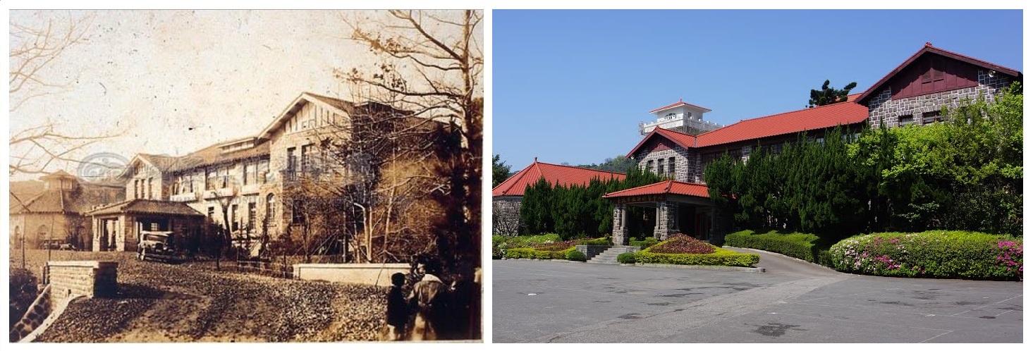 昔日的草山眾樂園（左），現為台北市教師研習中心（右）。