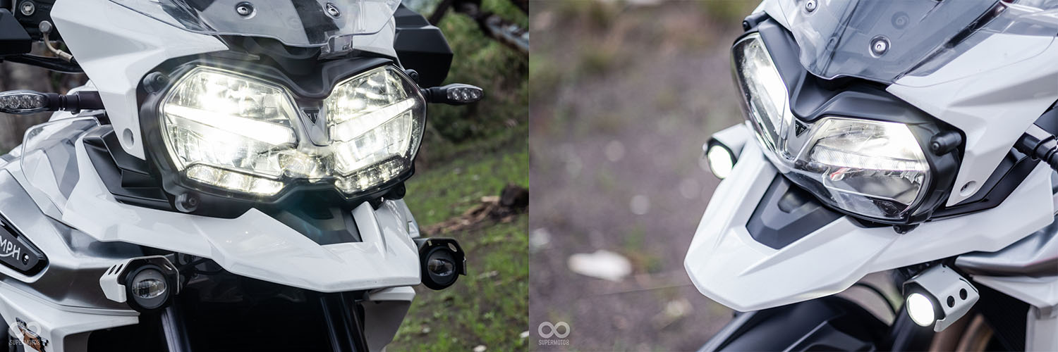 車燈中間為長條的定位燈,上下分別為近遠燈;另外最下方為轉向輔助燈,兩側有霧燈可透過把手開啟